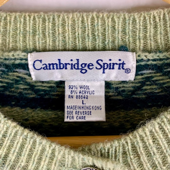 Vintage Green striped Nordic/fair isle wool button up sweater cardigan cabincore - Picture 2 of 9